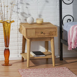 Boho Handcrafted Mango Wood Nightstand with Drawer, Natural - NH133413