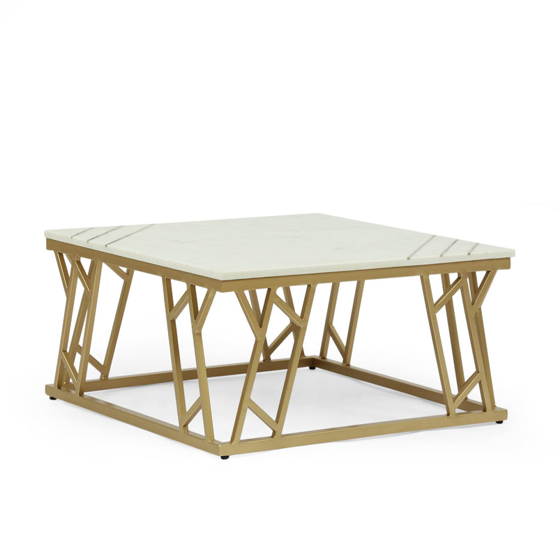 Modern Glam Handcrafted Marble Top Coffee Table with Brass Inlay, White and Gold - NH216413
