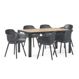Outdoor Wood and Resin 7 Piece Dining Set, Black and Teak - NH940513