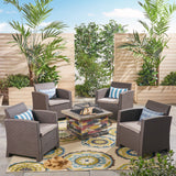 Outdoor 4-Seater Wicker Print Chat Set with Wood Burning Fire Pit, Brown and Mixed Beige and Natural Stone - NH398503