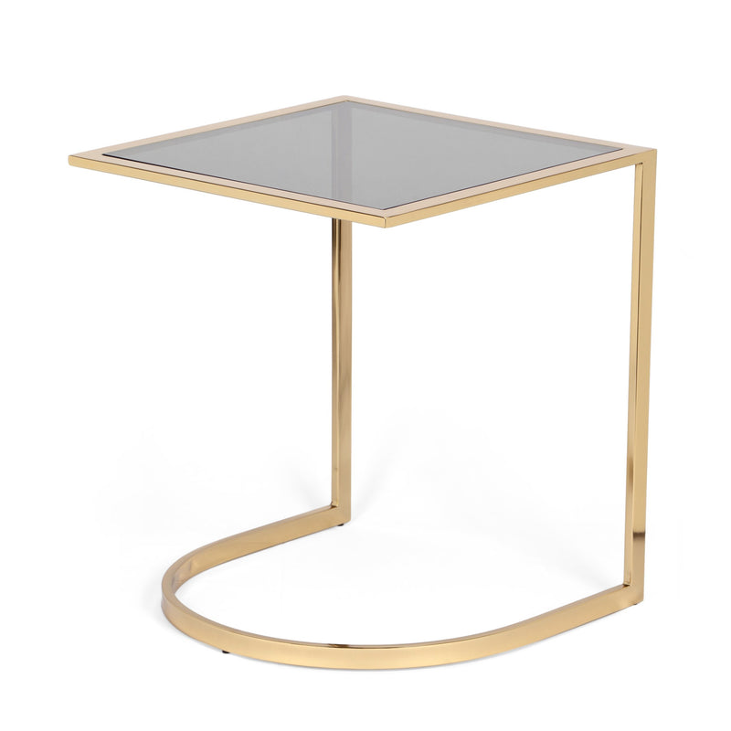 Modern Glam Handcrafted Glass Top C-Shaped Side Table, Black and Brass - NH222513