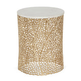 Modern Glam Handcrafted Aluminum Side Table with Marble Top, White and Gold - NH336413