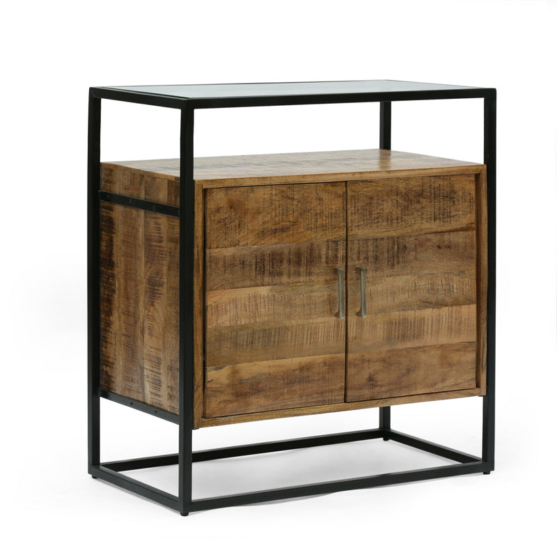 Boho Handcrafted Mango Wood Cabinet with Glass Top, Natural and Black - NH952513