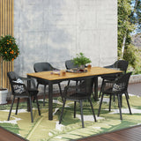 Outdoor Wood and Resin 7 Piece Dining Set, Black and Teak - NH150513