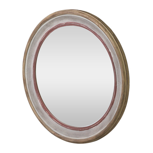 Boho Wood Round Mirror, White Washed and Red - NH603413