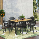 Outdoor Wood and Resin 7 Piece Dining Set, Black and Teak - NH840513