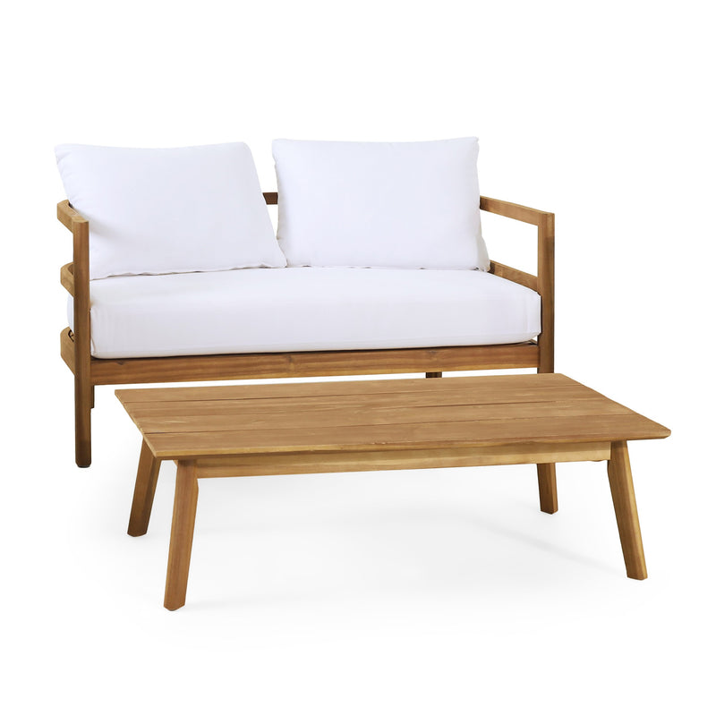 Outdoor Acacia Wood Loveseat and Coffee Table Set, Teak and White - NH416513