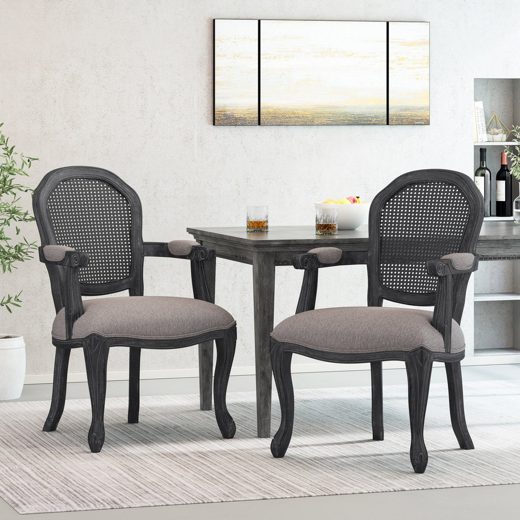 Mariette French Country Wood and Cane Upholstered Dining Chair, Set of