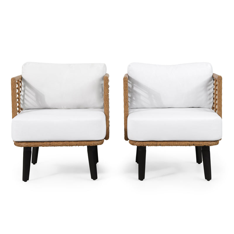 Outdoor Wicker Club Chair with Water Resistant Cushion, Set of 2, Light Brown and White - NH300513