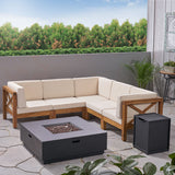 Outdoor Acacia Wood 5 Seater Sectional Sofa Set with Fire Pit - NH527603