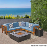 Outdoor 7 Piece V-Shaped Acacia Wood Sectional Sofa Set with Fire Pit and Outdoor Cushions - NH670703