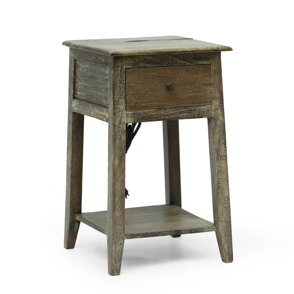 Handcrafted Mango Wood Side Table with Charging Port, Rustic Brown Antique - NH110513