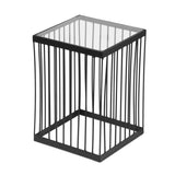 Contemporary Handcrafted Cage Side Table with Glass Top, Black and Clear - NH633513