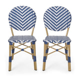 Outdoor Aluminum French Bistro Chairs, Set of 2, Navy Blue, White, and Bamboo Finish - NH044413
