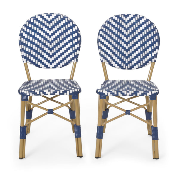 Outdoor Aluminum French Bistro Chairs, Set of 2, Navy Blue, White, and Bamboo Finish - NH044413