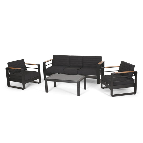 Outdoor Aluminum 5 Seater Chat Set with Water Resistant Cushions, Black, Natural, and Dark Gray - NH358413