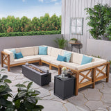 Outdoor Farmhouse Acacia Wood 8 Seater U-Shaped Sectional Sofa Set with Fire Pit - NH557603