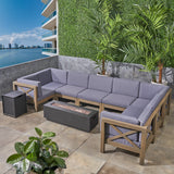 Outdoor Farmhouse Acacia Wood 8 Seater U-Shaped Sectional Sofa Set with Fire Pit - NH757603