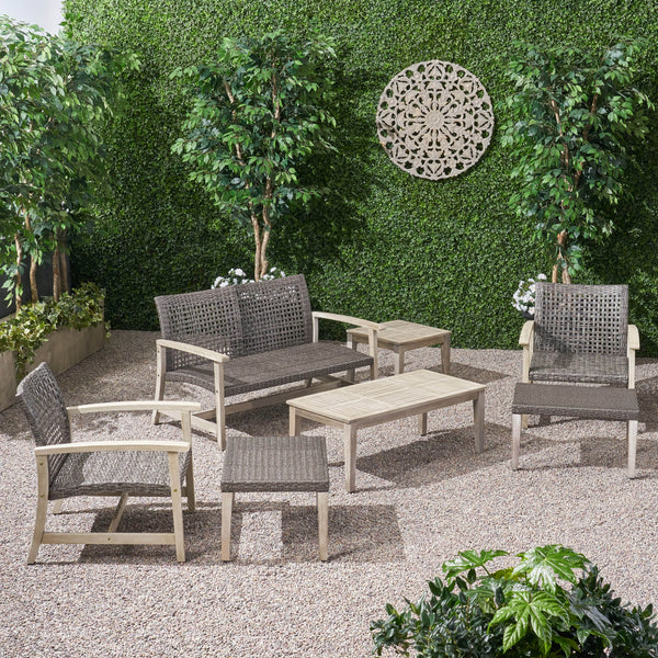 Outdoor 7 Piece Wood and Wicker Chat Set - NH881803