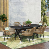 Outdoor Wicker 7 Piece Dining Set with Cushion, Matte Black, Light Brown, and Beige - NH181513