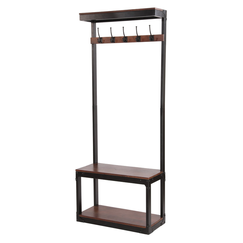 Modern Industrial Handcrafted Mango Wood Coat Rack with Bench, Cafe Brown and Black - NH923413
