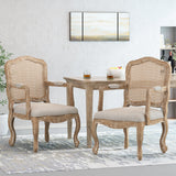 French Country Wood and Cane Upholstered Dining Armchair - NH542513