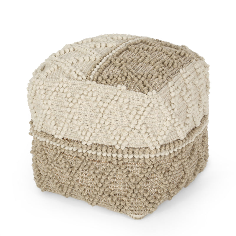 Boho Handcrafted Fabric Cube Pouf, Ivory and Beige - NH304413