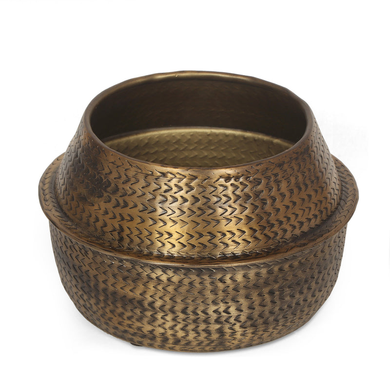 Handcrafted Notched Aluminum Planter, Aged Brass - NH473413