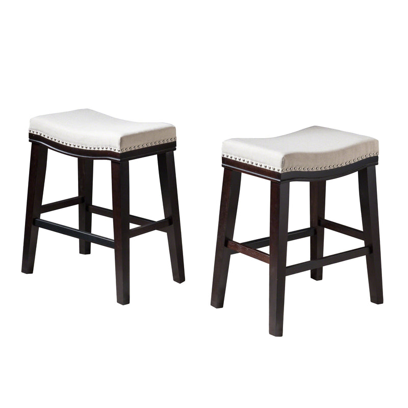Studded 26 Inch Beige Fabric Saddle Counter Stool, Set of 2 - NH198303