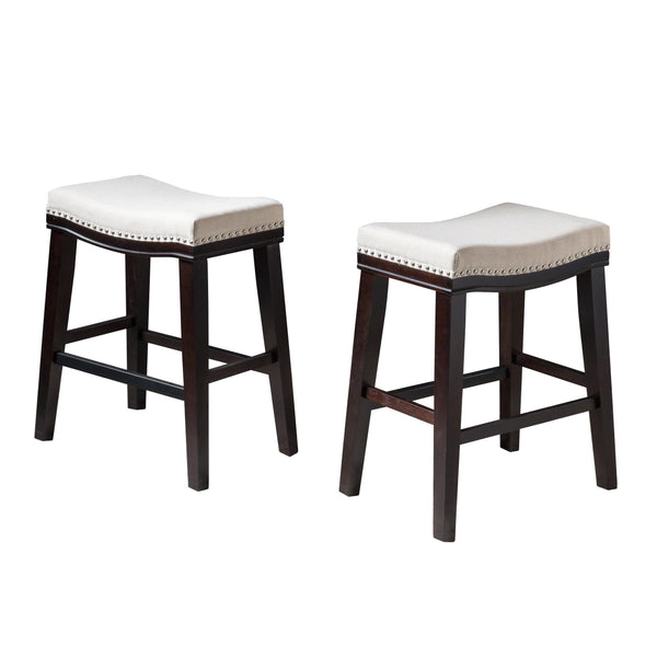 Studded 26 Inch Beige Fabric Saddle Counter Stool, Set of 2 - NH198303