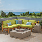 Outdoor 5 Seater V-Shaped Acacia Wood Sofa Set with Square Fire Table and Tank - NH895503