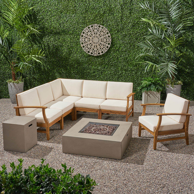 Outdoor 6 Seater Acacia Wood Sofa Set with Square Fire Table and Tank - NH106503