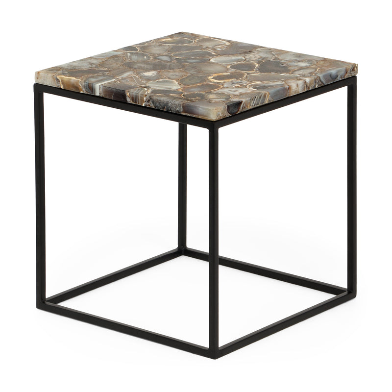 Boho Handcrafted Agate Marble Top Side Table, Natural Agate and Black - NH769413