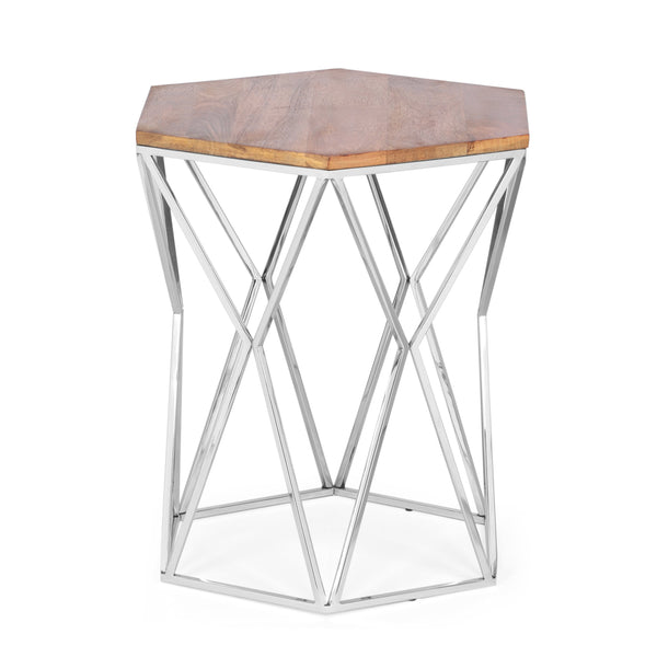 Rustic Glam Handcrafted Mango Wood Side Table, Walnut and Polished Nickel - NH422513