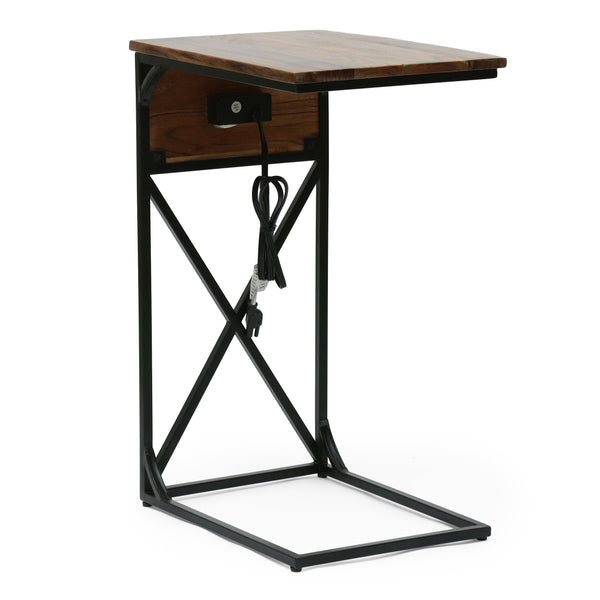 Modern Industrial Handcrafted Acacia Wood C-Shaped Side Table with Charging Port, Natural and Black - NH684513