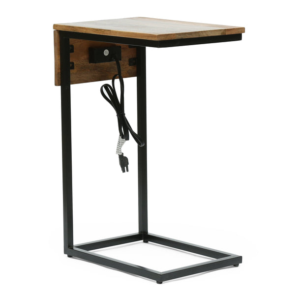 Modern Industrial Handcrafted Mango Wood C-Shaped Side Table with Charging Port, Natural and Black - NH324413