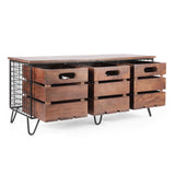Modern Industrial Handcrafted Mango Wood Storage Bench with Drawers, Cafe Brown and Black - NH823413