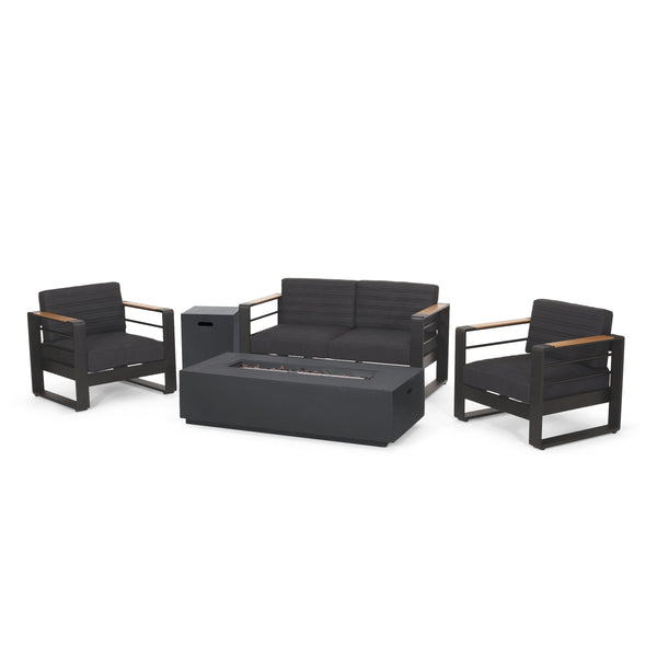 Outdoor Aluminum 4 Seater Chat Set with Fire Pit, Black, Natural, and Dark Gray - NH534413