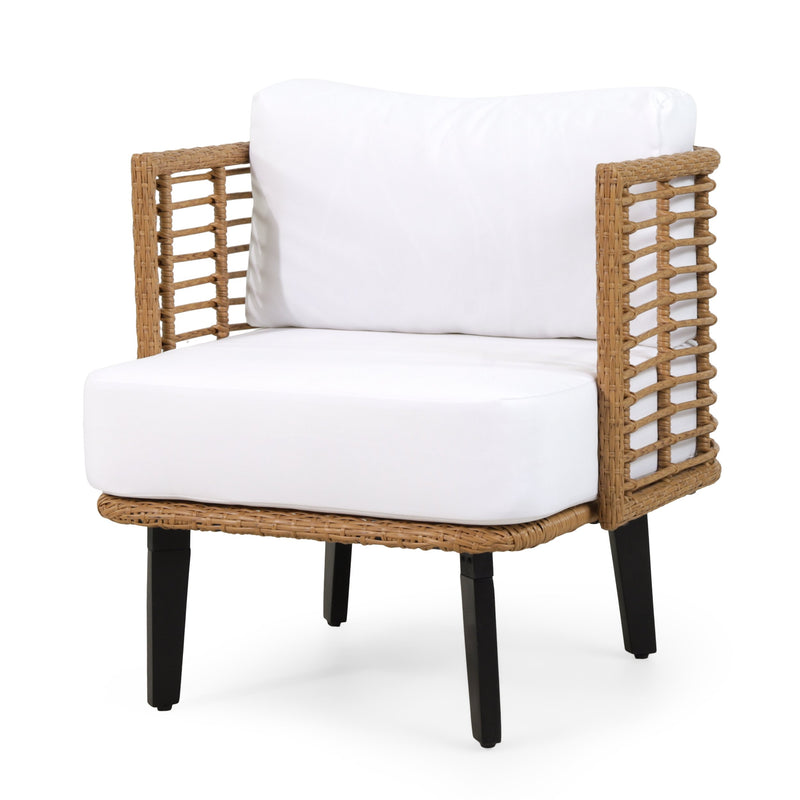 Outdoor Wicker Club Chair with Water Resistant Cushion, Light Brown and White - NH200513
