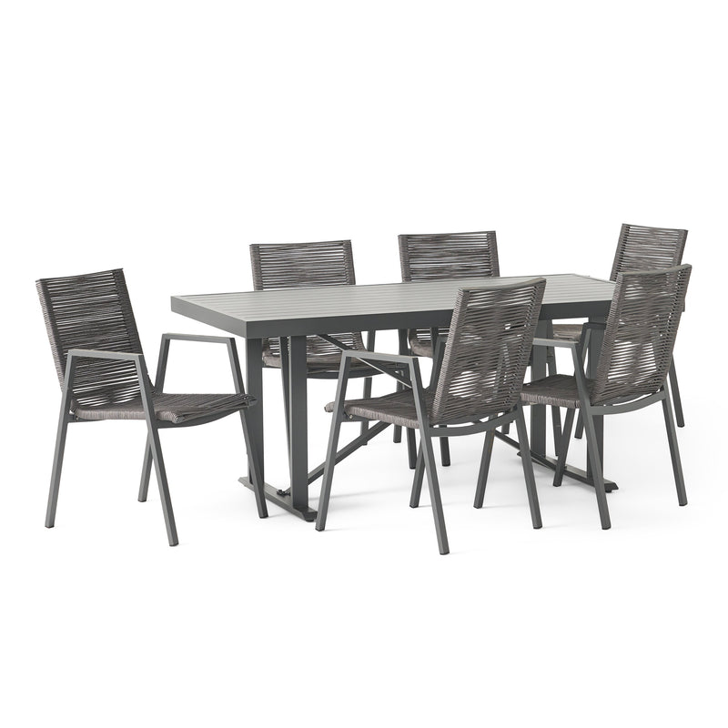 Outdoor Modern Industrial Aluminum 7 Piece Dining Set with Rope Seating - NH605313