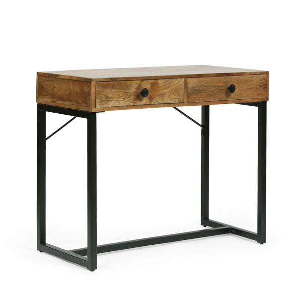 Modern Industrial Handcrafted Mango Wood Desk with Drawers, Natural Honey and Black - NH615513