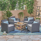 Outdoor 4-Seater Wicker Print Chat Set with Wood Burning Fire Pit - NH298503