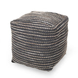 Boho Handcrafted Fabric Cube Pouf, Ivory, Beige, and Gray - NH813413