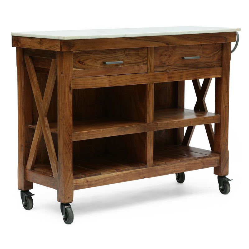 Rustic Glam Handcrafted Marble Top Acacia Wood Kitchen Cart with Wheels, Natural and Natural White - NH297413