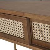 Rustic Glam Console Table with Wicker Accents, Walnut, Natural, and Antique Gold - NH192513