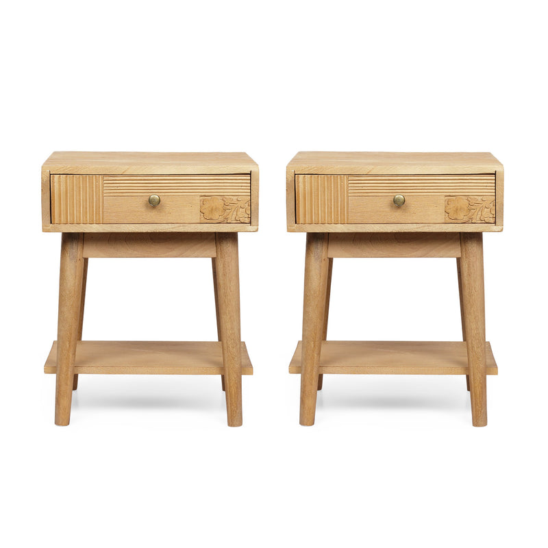 Boho Handcrafted Mango Wood Nightstand with Drawer, Set of 2, Natural - NH233413
