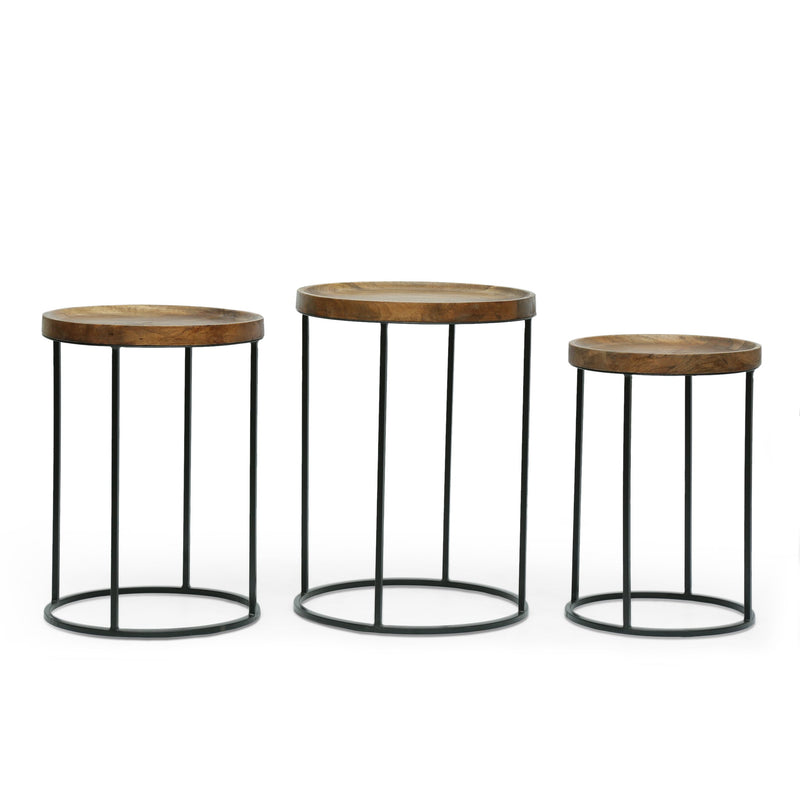 Modern Industrial Handcrafted Mango Wood Nested Side Tables (Set of 3), Natural and Black - NH587413