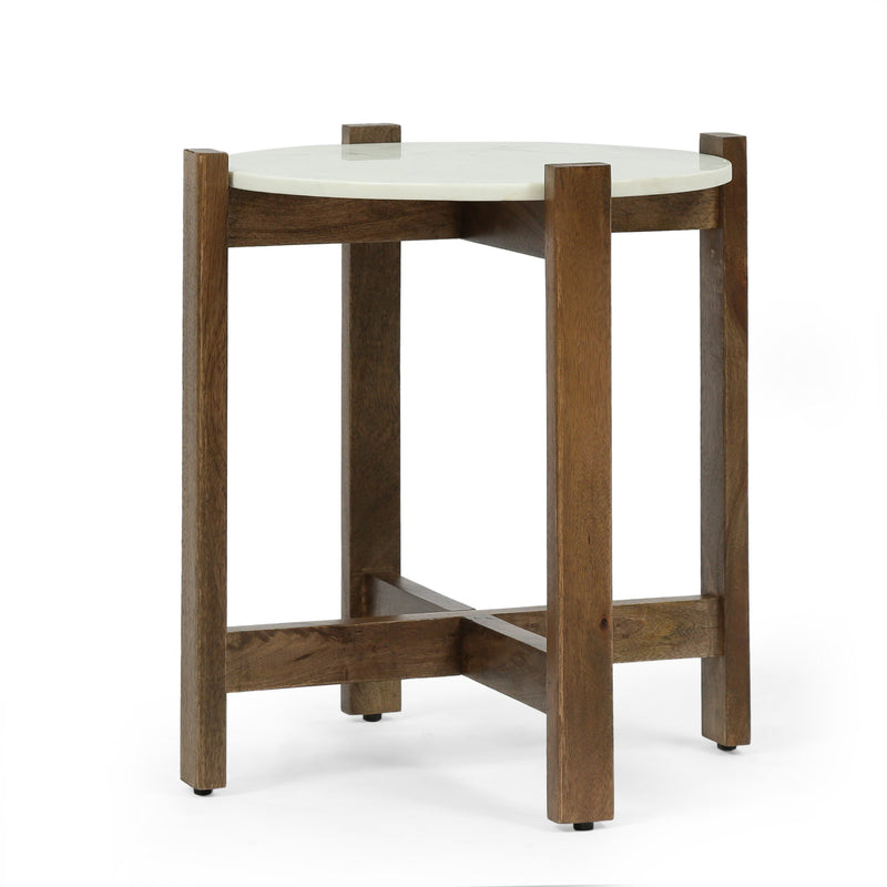 Rustic Glam Handcrafted Marble Top Mango Wood Side Table, White and Smoke Brown - NH687413