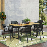 Outdoor Wood and Resin 7 Piece Dining Set, Black and Teak - NH540513