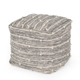 Boho Handcrafted Fabric Cube Pouf, Ivory and Gray - NH023413